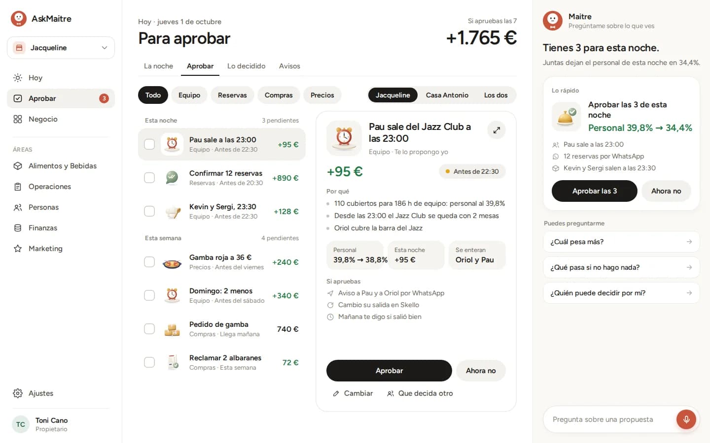 Pantalla Aprobar con filtros por tipo y por local